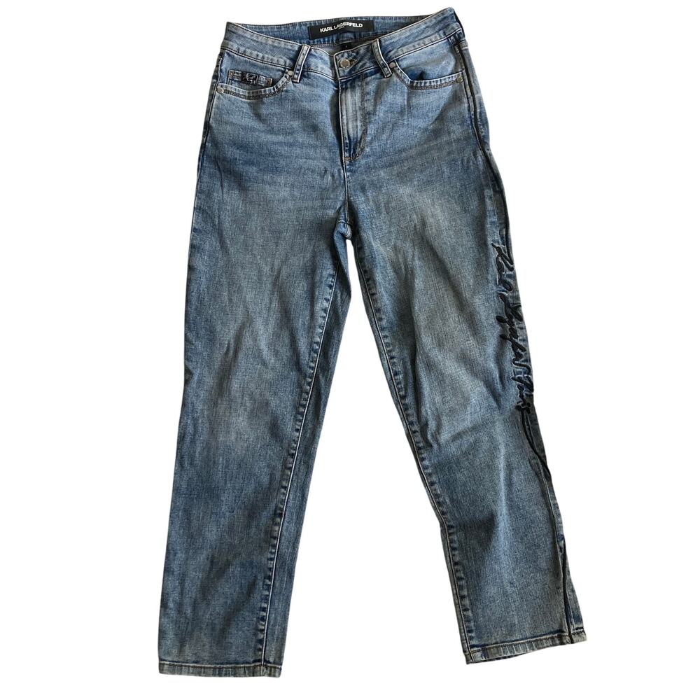 Karl Lagerfeld Paris Straight Jeans Womens 4 Blue Denim High Rise Embroidered